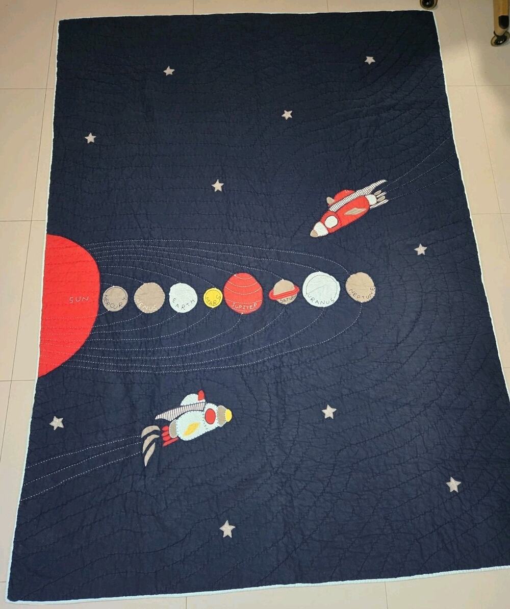 Pottery Barn Kids Space Rocket Planets Twin Quilt Blue Solar System 86” X 68”